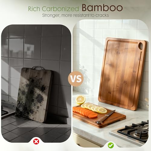 Astercook Deep-Carbonized Bamboo Cutting Boards for Kitchen with Wood Storage Stand, Reversible Charcuterie & Chopping Boards with Juice Grooves and Easy-Grip Handles, Fathers Day Gift for Men - My Kitchen Products