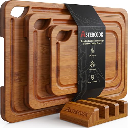 Astercook Deep-Carbonized Bamboo Cutting Boards for Kitchen with Wood Storage Stand, Reversible Charcuterie & Chopping Boards with Juice Grooves and Easy-Grip Handles, Fathers Day Gift for Men - My Kitchen Products