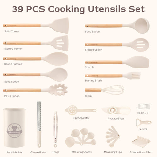 Astercook Kitchen Utensils set, 39 PCS Silicone Cooking Utensils Set with Wooden Handle, 446°F Heat Resistant Food Grade Utensil Sets, BPA Free Kitchen Gadgets Tools Set for Nonstick Cookware (Cream) - My Kitchen Products