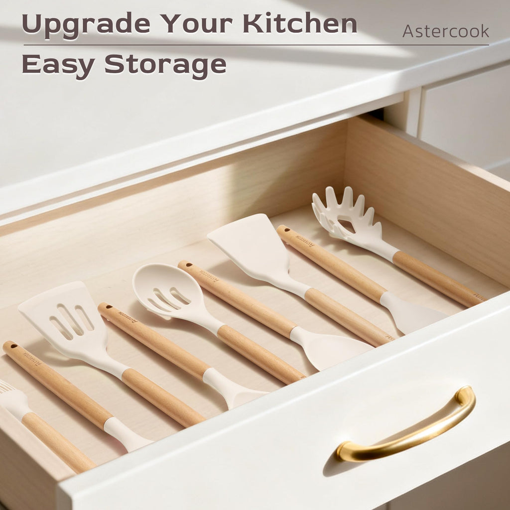 Astercook Kitchen Utensils set, 39 PCS Silicone Cooking Utensils Set with Wooden Handle, 446°F Heat Resistant Food Grade Utensil Sets, BPA Free Kitchen Gadgets Tools Set for Nonstick Cookware (Cream) - My Kitchen Products