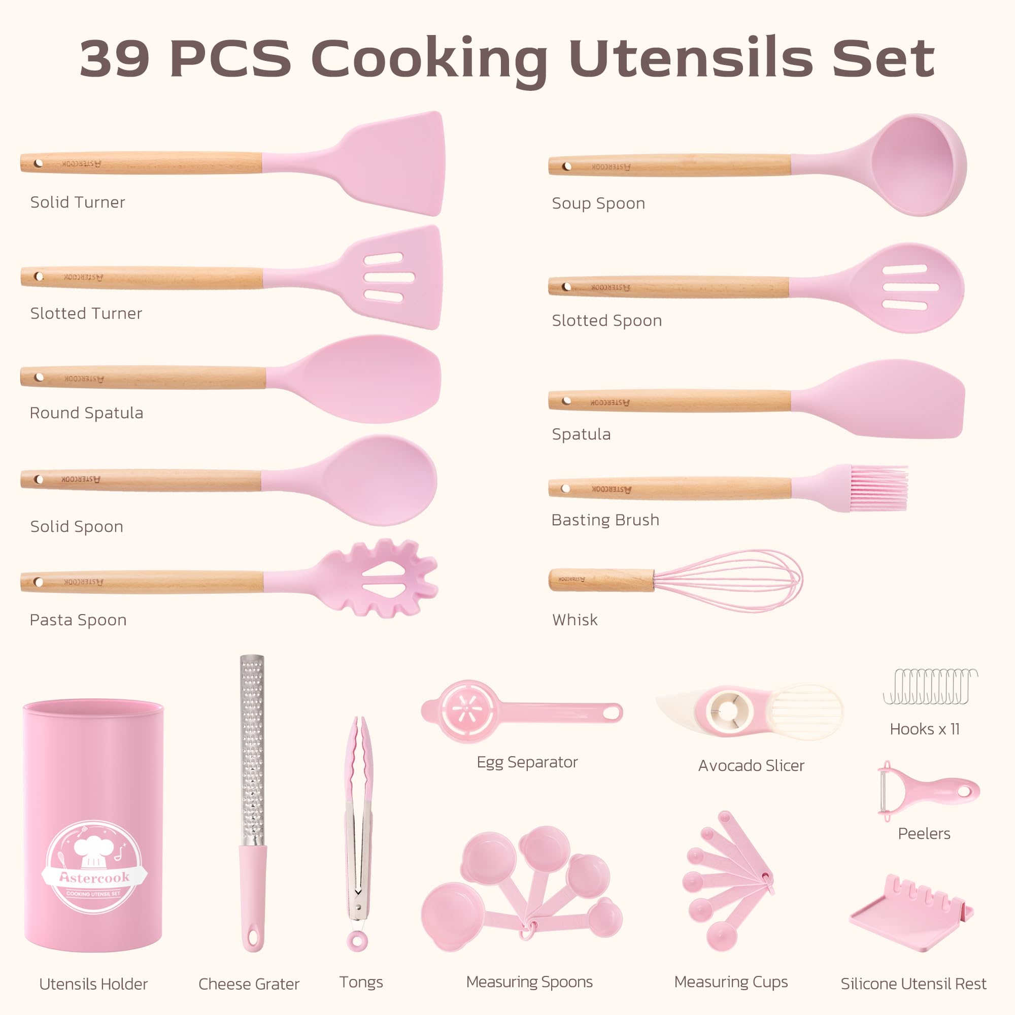 Astercook Kitchen Utensils set, 39 PCS Silicone Cooking Utensils Set with Wooden Handle, 446°F Heat Resistant Food Grade Utensil Sets, BPA Free Kitchen Gadgets Tools Set for Nonstick Cookware (Pink) - My Kitchen Products