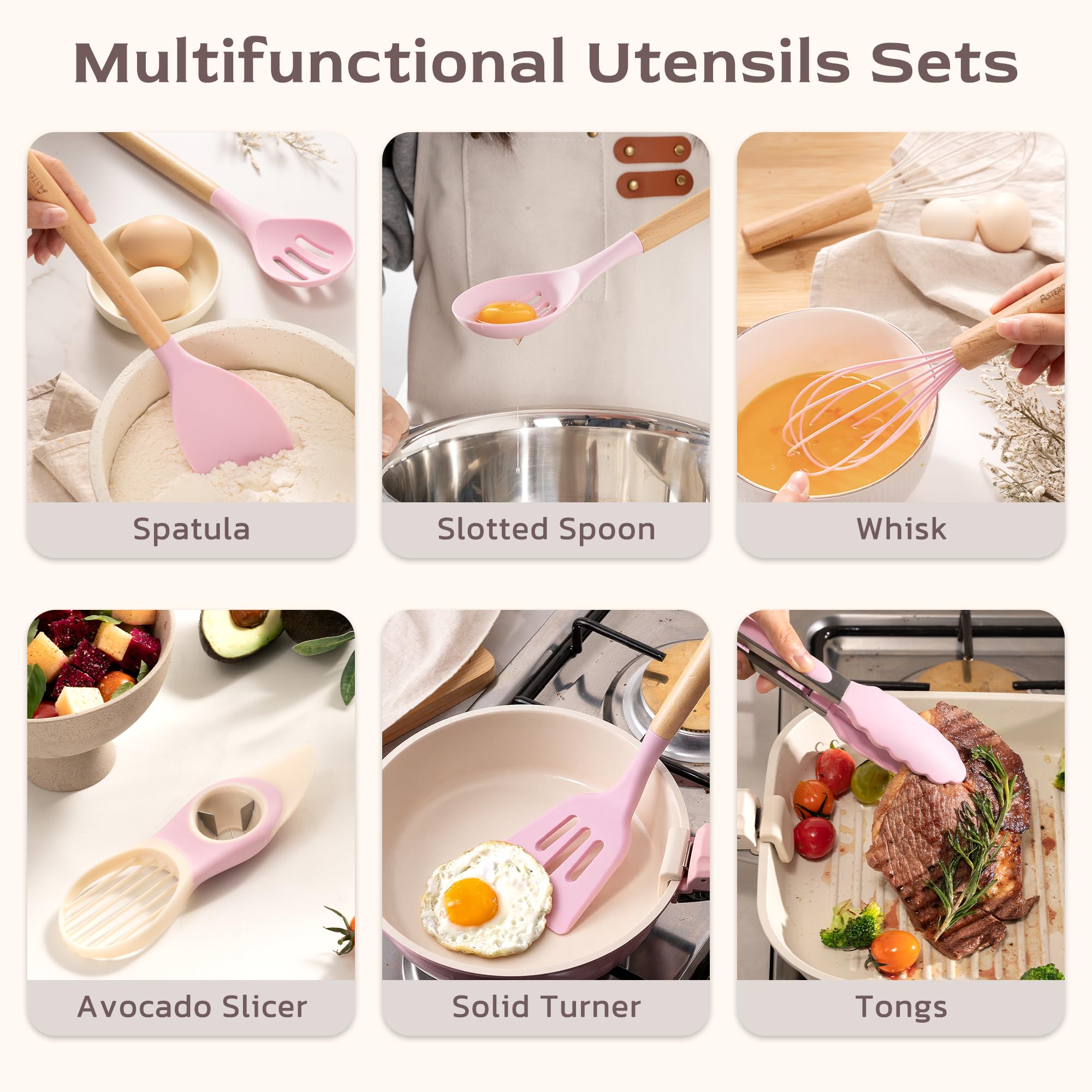 Astercook Kitchen Utensils set, 39 PCS Silicone Cooking Utensils Set with Wooden Handle, 446°F Heat Resistant Food Grade Utensil Sets, BPA Free Kitchen Gadgets Tools Set for Nonstick Cookware (Pink) - My Kitchen Products