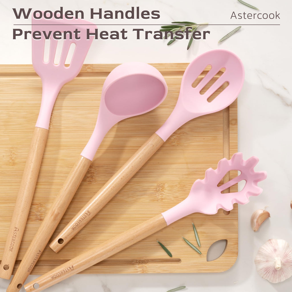 Astercook Kitchen Utensils set, 39 PCS Silicone Cooking Utensils Set with Wooden Handle, 446°F Heat Resistant Food Grade Utensil Sets, BPA Free Kitchen Gadgets Tools Set for Nonstick Cookware (Pink) - My Kitchen Products