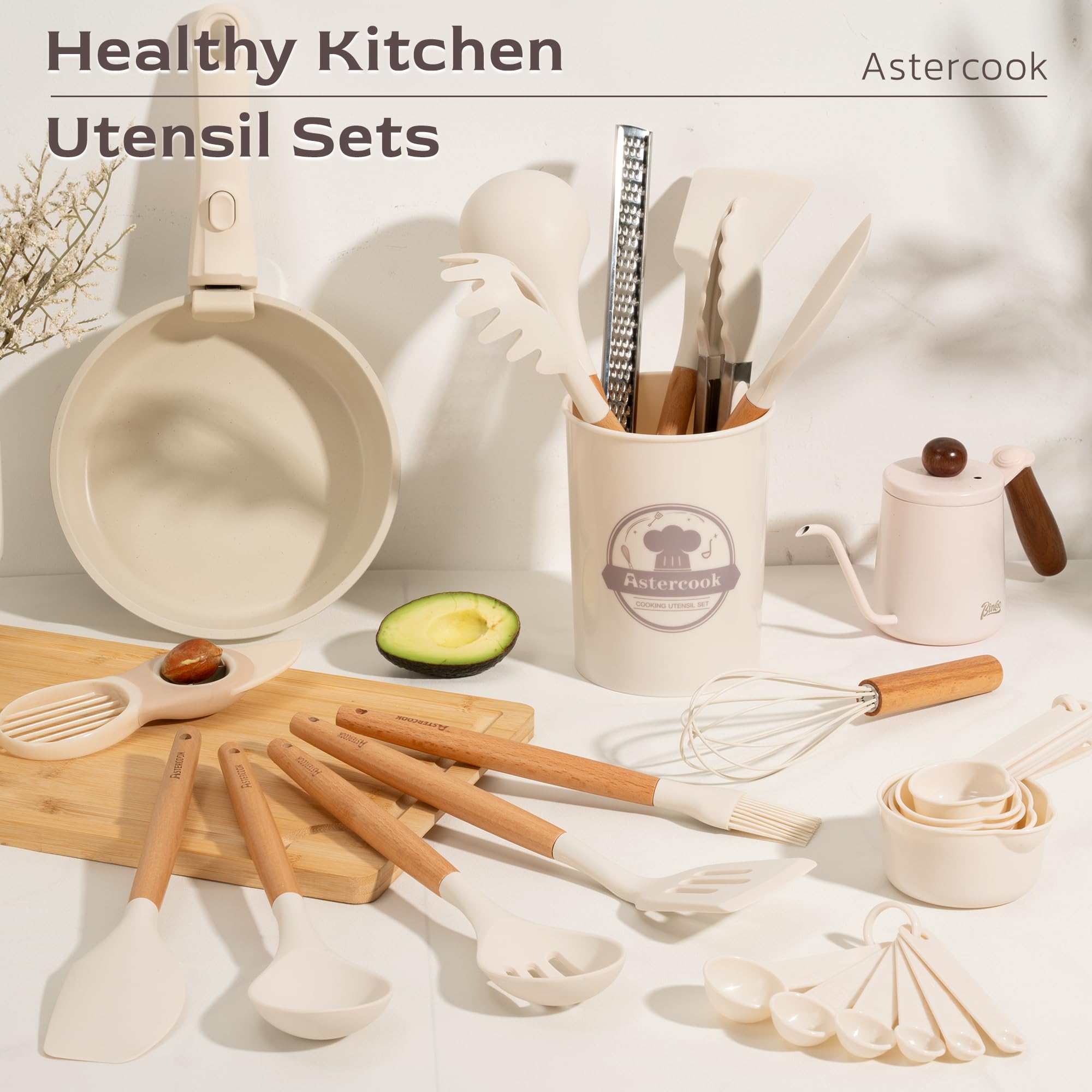 Astercook Kitchen Utensils set, 39 PCS Silicone Cooking Utensils Set with Wooden Handle, 446°F Heat Resistant Food Grade Utensil Sets, BPA Free Kitchen Gadgets Tools Set for Nonstick Cookware (Cream) - My Kitchen Products