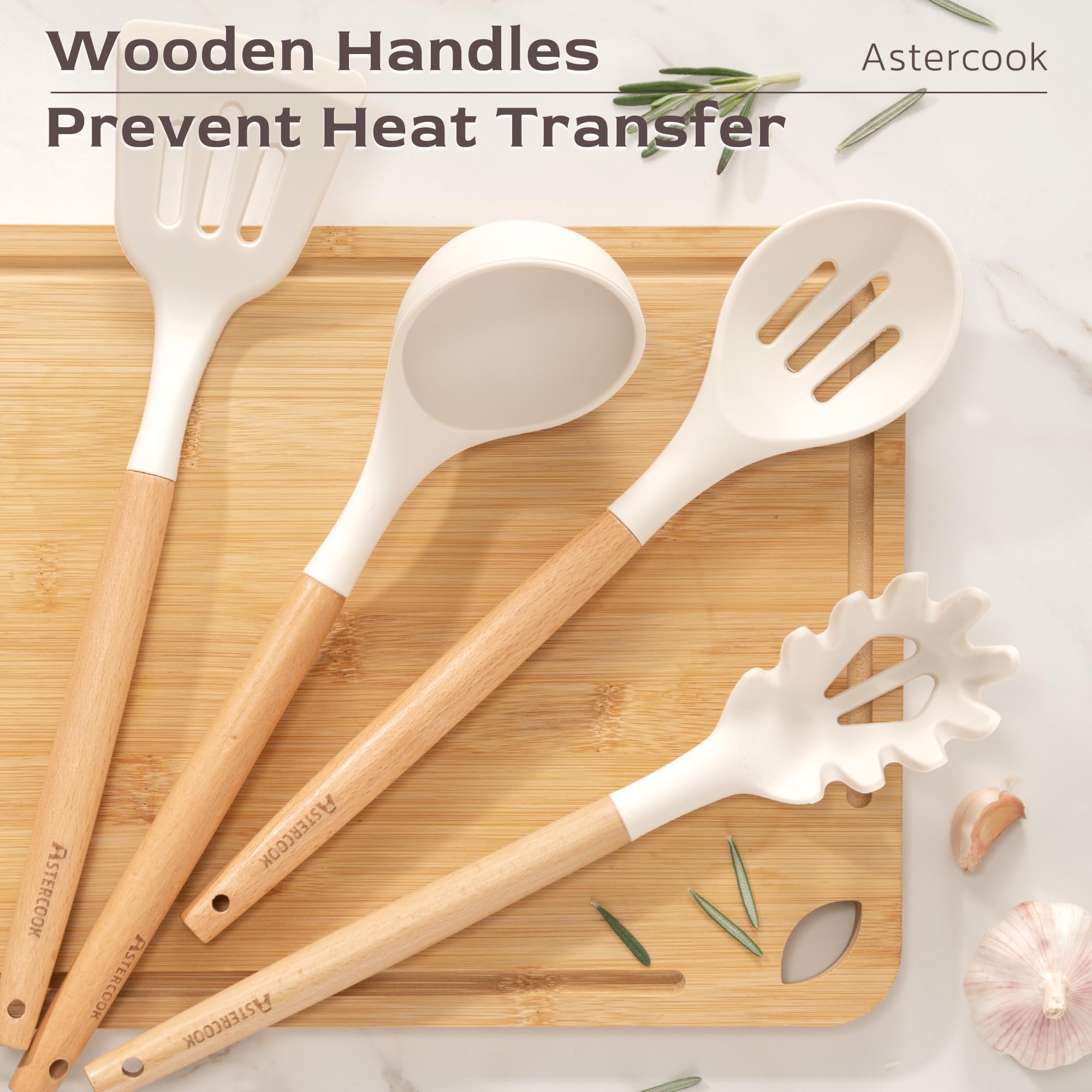 Astercook Kitchen Utensils set, 39 PCS Silicone Cooking Utensils Set with Wooden Handle, 446°F Heat Resistant Food Grade Utensil Sets, BPA Free Kitchen Gadgets Tools Set for Nonstick Cookware (Cream) - My Kitchen Products