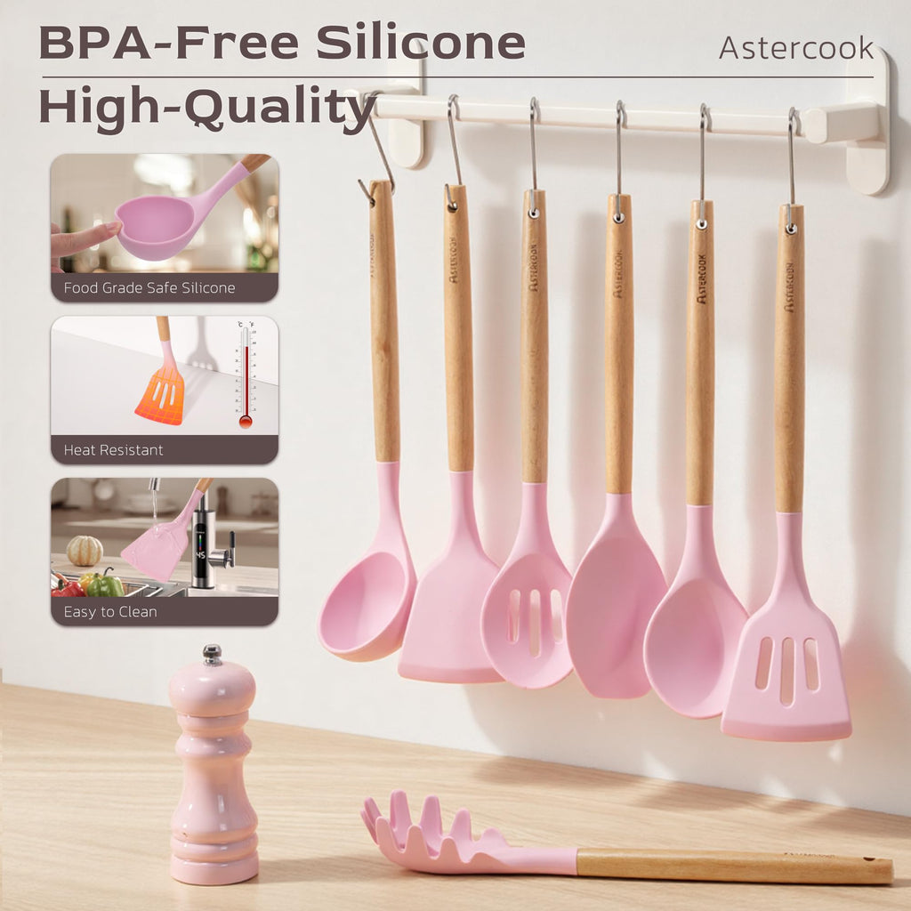 Astercook Kitchen Utensils set, 39 PCS Silicone Cooking Utensils Set with Wooden Handle, 446°F Heat Resistant Food Grade Utensil Sets, BPA Free Kitchen Gadgets Tools Set for Nonstick Cookware (Pink) - My Kitchen Products
