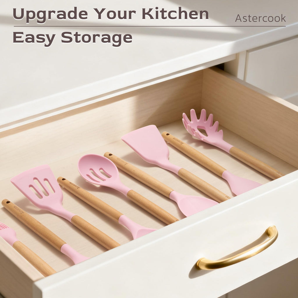 Astercook Kitchen Utensils set, 39 PCS Silicone Cooking Utensils Set with Wooden Handle, 446°F Heat Resistant Food Grade Utensil Sets, BPA Free Kitchen Gadgets Tools Set for Nonstick Cookware (Pink) - My Kitchen Products