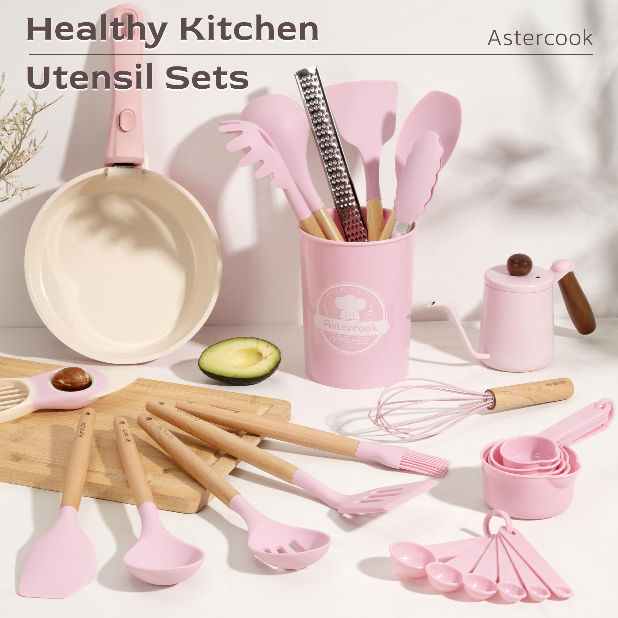 Astercook Kitchen Utensils set, 39 PCS Silicone Cooking Utensils Set with Wooden Handle, 446°F Heat Resistant Food Grade Utensil Sets, BPA Free Kitchen Gadgets Tools Set for Nonstick Cookware (Pink) - My Kitchen Products