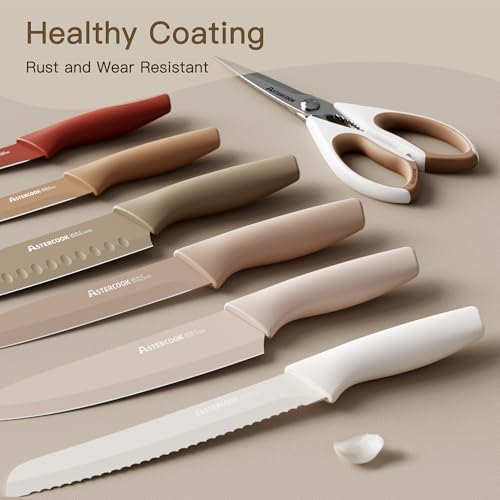 Astercook Knife Set, 13 Pieces Kitchen Knives Set with Healthy Anti-Rust Coating, Dishwasher Safe, Stainless Steel Chef Knife Sets with 6 Blade Guards, Fathers Day Gift for Men - My Kitchen Products