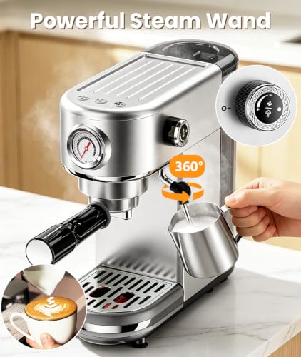 atatix Espresso Machine with Milk Frother, 20 Bar Pressure Espresso Maker, with 44OZ Removable Tank, Compact Stainless Steel Coffee Machine for Home, Office, Latte, Cappuccino, Macchiato, Silver - My Kitchen Products