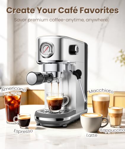 atatix Espresso Machine with Milk Frother, 20 Bar Pressure Espresso Maker, with 44OZ Removable Tank, Compact Stainless Steel Coffee Machine for Home, Office, Latte, Cappuccino, Macchiato, Silver - My Kitchen Products