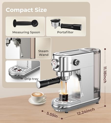atatix Espresso Machine with Milk Frother, 20 Bar Pressure Espresso Maker, with 44OZ Removable Tank, Compact Stainless Steel Coffee Machine for Home, Office, Latte, Cappuccino, Macchiato, Silver - My Kitchen Products