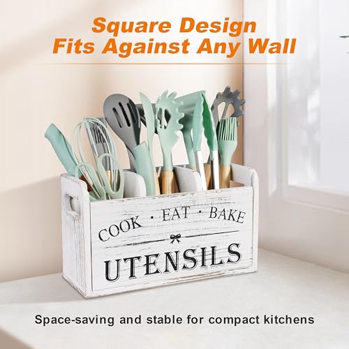 Atooge Kitchen Utensil Holder with 3 Compartments, Wooden Storage Utensil Organizer for Countertop, Farmhouse Decor, Rustic Cooking Utensil Kitchen Tool - My Kitchen Products
