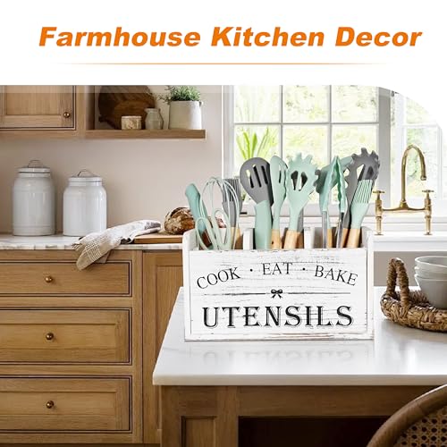 Atooge Kitchen Utensil Holder with 3 Compartments, Wooden Storage Utensil Organizer for Countertop, Farmhouse Decor, Rustic Cooking Utensil Kitchen Tool - My Kitchen Products