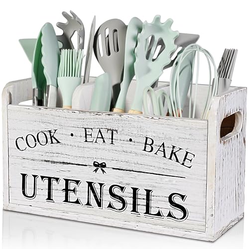 Atooge Kitchen Utensil Holder with 3 Compartments, Wooden Storage Utensil Organizer for Countertop, Farmhouse