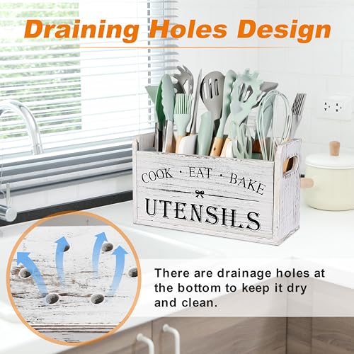 Atooge Kitchen Utensil Holder with 3 Compartments, Wooden Storage Utensil Organizer for Countertop, Farmhouse Decor, Rustic Cooking Utensil Kitchen Tool - My Kitchen Products