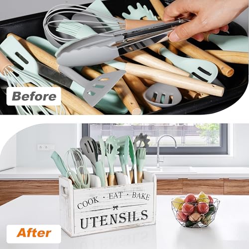 Atooge Kitchen Utensil Holder with 3 Compartments, Wooden Storage Utensil Organizer for Countertop, Farmhouse Decor, Rustic Cooking Utensil Kitchen Tool - My Kitchen Products