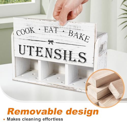 Atooge Kitchen Utensil Holder with 3 Compartments, Wooden Storage Utensil Organizer for Countertop, Farmhouse Decor, Rustic Cooking Utensil Kitchen Tool - My Kitchen Products