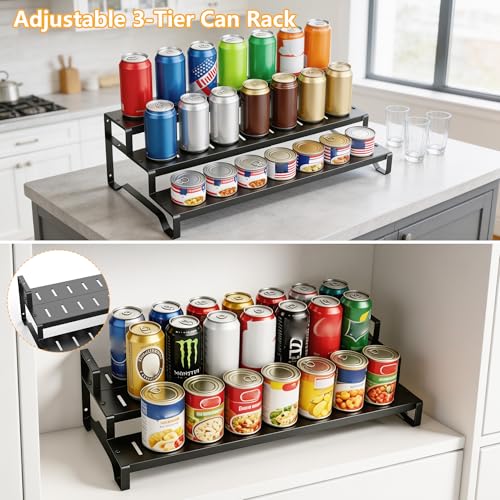 Attelite 3 Tier Expandable Can Rack Organizer for Pantry, Adjustable 13"-21" Metal Soda Can Organizer, Pantry Organization Canned Food Storage Holder for Kitchen Cabinet Countertop, Black 1Pack - My Kitchen Products