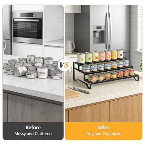 Attelite 3 Tier Expandable Can Rack Organizer for Pantry, Adjustable 13"-21" Metal Soda Can Organizer, Pantry Organization Canned Food Storage Holder for Kitchen Cabinet Countertop, Black 1Pack - My Kitchen Products