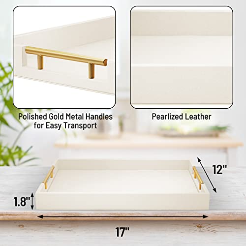 ATZYmolin 17" x 12" Wood Serving Tray with Gold Polished Metal Handles, Home Decorative Wooden Rectangle Ottoman Leather Decor Platter Bathroom Vanity Tray for All Occasions White - My Kitchen Products