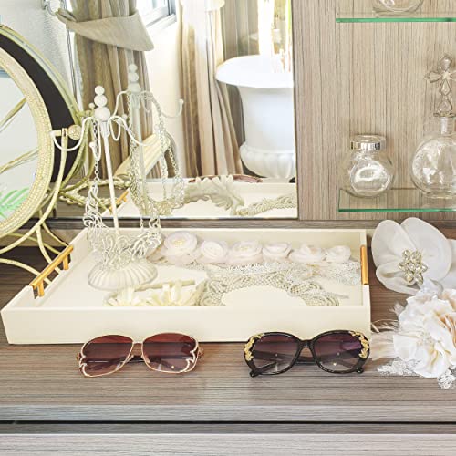 ATZYmolin 17" x 12" Wood Serving Tray with Gold Polished Metal Handles, Home Decorative Wooden Rectangle Ottoman Leather Decor Platter Bathroom Vanity Tray for All Occasions White - My Kitchen Products