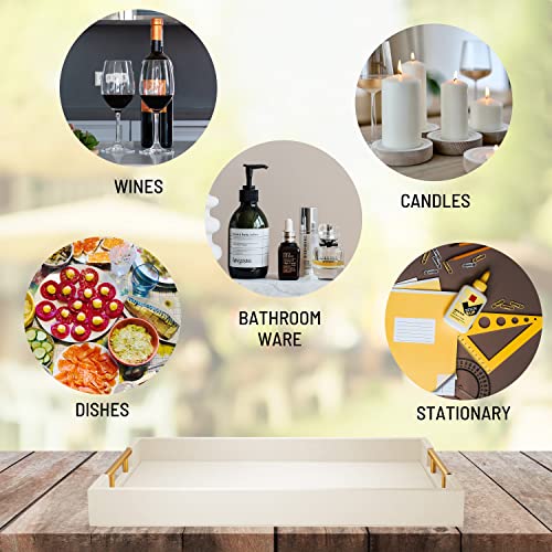 ATZYmolin 17" x 12" Wood Serving Tray with Gold Polished Metal Handles, Home Decorative Wooden Rectangle Ottoman Leather Decor Platter Bathroom Vanity Tray for All Occasions White - My Kitchen Products