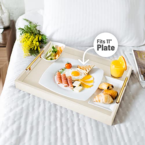 ATZYmolin 17" x 12" Wood Serving Tray with Gold Polished Metal Handles, Home Decorative Wooden Rectangle Ottoman Leather Decor Platter Bathroom Vanity Tray for All Occasions White - My Kitchen Products