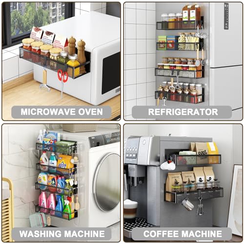Aufworld Magnetic Spice Rack for Refrigerator, 4 Pack Magnetic Shelf, Fridge Magnet Organizer with Moveable 8 Hooks, Magnetic Fridge Shelf for Kitchen Organization and Storage (4 Pack) - My Kitchen Products