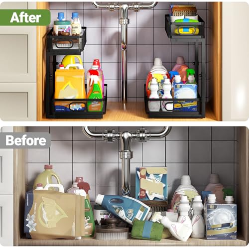 AURIKAR Under Sink Organizer 2-Pack, Metal 2-Tier Pull-Out Cabinet Shelf with Slide-Out Mesh Drawers, Height Adjustable, Space-Saving Under Sink Storage Racks for Kitchen, Bathroom, Laundry Room - My Kitchen Products