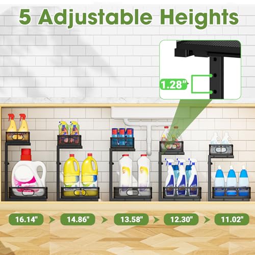 AURIKAR Under Sink Organizer 2-Pack, Metal 2-Tier Pull-Out Cabinet Shelf with Slide-Out Mesh Drawers, Height Adjustable, Space-Saving Under Sink Storage Racks for Kitchen, Bathroom, Laundry Room - My Kitchen Products
