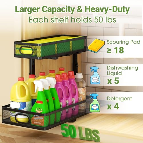 AURIKAR Under Sink Organizer 2-Pack, Metal 2-Tier Pull-Out Cabinet Shelf with Slide-Out Mesh Drawers, Height Adjustable, Space-Saving Under Sink Storage Racks for Kitchen, Bathroom, Laundry Room - My Kitchen Products
