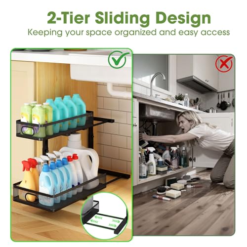 AURIKAR Under Sink Organizer 2-Pack, Metal 2-Tier Pull-Out Cabinet Shelf with Slide-Out Mesh Drawers, Height Adjustable, Space-Saving Under Sink Storage Racks for Kitchen, Bathroom, Laundry Room - My Kitchen Products