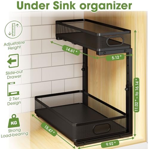 AURIKAR Under Sink Organizer 2-Pack, Metal 2-Tier Pull-Out Cabinet Shelf with Slide-Out Mesh Drawers, Height Adjustable, Space-Saving Under Sink Storage Racks for Kitchen, Bathroom, Laundry Room - My Kitchen Products