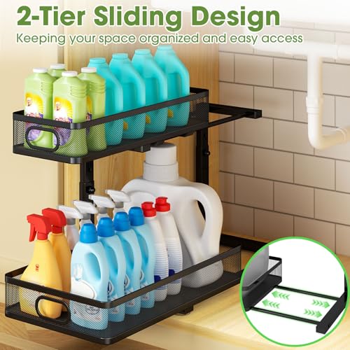 AURIKAR Under Sink Organizer 2-Pack, Metal 2-Tier Pull-Out Cabinet Shelf with Slide-Out Mesh Drawers, Height Adjustable, Space-Saving Under Sink Storage Racks for Kitchen, Bathroom, Laundry Room - My Kitchen Products