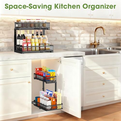 AURIKAR Under Sink Organizer 2-Pack, Metal 2-Tier Pull-Out Cabinet Shelf with Slide-Out Mesh Drawers, Height Adjustable, Space-Saving Under Sink Storage Racks for Kitchen, Bathroom, Laundry Room - My Kitchen Products