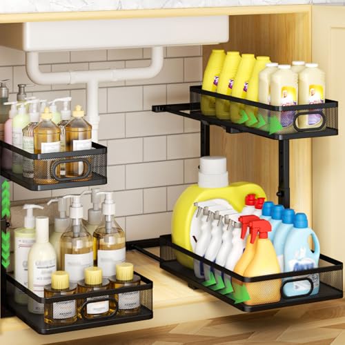 AURIKAR Under Sink Organizer 2-Pack, Metal 2-Tier Pull-Out Cabinet Shelf with Slide-Out Mesh Drawers, Height