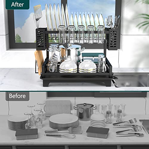 B-Land Dish Drying Rack: 2 Tier Dish Racks for Kitchen Counter and Sink - Large Dish Drying Rack with Drainboard & Utensil Holders - Stainless Steel Dish Drainers Kitchen Organization and Storage - My Kitchen Products