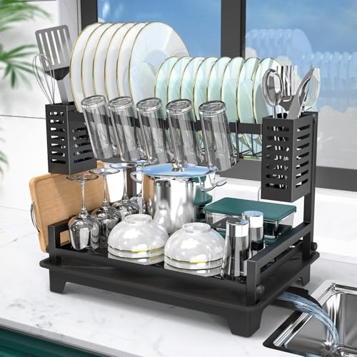 B-Land Dish Drying Rack: 2 Tier Dish Racks for Kitchen Counter and Sink - Large Dish Drying Rack with Drainboard & Utensil Holders - Stainless Steel Dish Drainers Kitchen Organization and Storage - My Kitchen Products