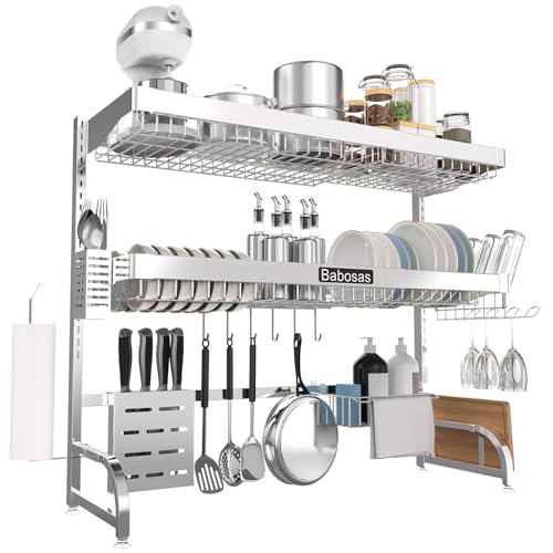 Babosas Over The Sink Dish Drying Rack,3 Tier Adjustable Length (25.5'' to 37.4'') Full Stainless Steel Large Storage Kitchen Dish Rack,For Kitchen Counter Expandable Multifunctional Organizers,Silver - My Kitchen Products