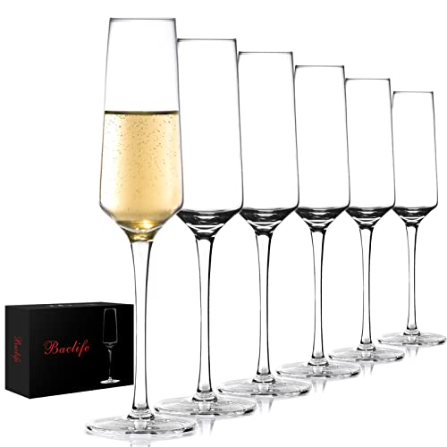 BACLIFE Champagne Flutes, Hand Blown Elegant Champagne Glasses Set of 6, Unique Gift for Father's Day, Birthday