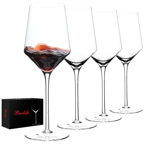 BACLIFE Hand Blown Red Wine Glasses Set of 4, 15 oz Premium Crystal Wine Glasses With Long Stem, Unique Gift for Father's