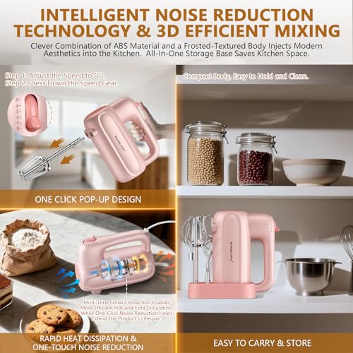 BAIGELONG Hand Electric Mixer, 5-Speed KitchenMixer with 5 * 304 Stainless Steel Attachments + Storage Base, Food Handheld Mixer for Baking, Whipping Cream, Cake Mixing, Pink - My Kitchen Products