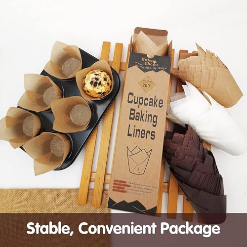 Bake Choice 200pcs Natural Tulip Cupcake Liners for Baking Cups Unbleached European Parchment paper Tulip Muffin Liners, Cupcake Wrapper for Party, Christmas - My Kitchen Products