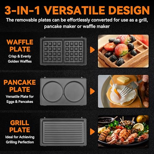 Baker’s Friend 3 in 1 Mini Waffle Maker with Removable Plates, Dual Waffle & Pancake and Grill Plates, Breakfast Sandwich Maker Press, Dishwasher Safe, Non-stick Coating, Graphite - My Kitchen Products