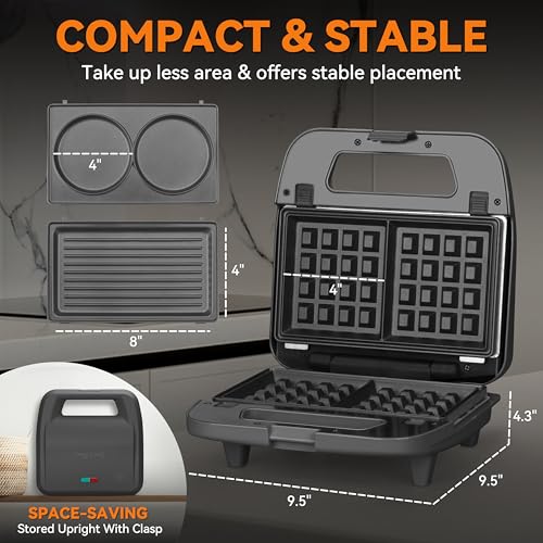 Baker’s Friend 3 in 1 Mini Waffle Maker with Removable Plates, Dual Waffle & Pancake and Grill Plates, Breakfast Sandwich Maker Press, Dishwasher Safe, Non-stick Coating, Graphite - My Kitchen Products