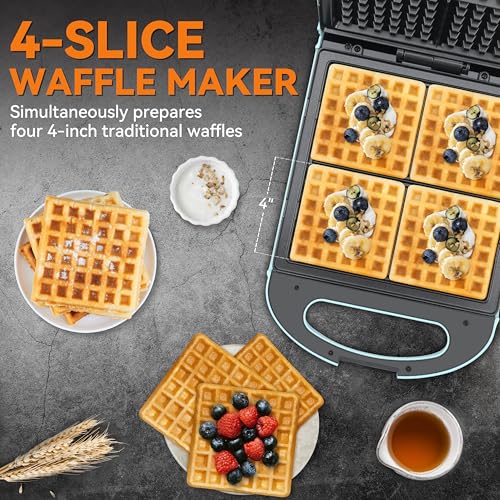 Baker’s Friend Belgian Waffle Maker, Square Waffle Iron, Waflera Electrica, Non Stick Cooking Plate, Classic & Multi Waffle Makers, 4-Slice, Aqua - My Kitchen Products