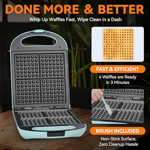 Baker’s Friend Belgian Waffle Maker, Square Waffle Iron, Waflera Electrica, Non Stick Cooking Plate, Classic & Multi Waffle Makers, 4-Slice, Aqua - My Kitchen Products