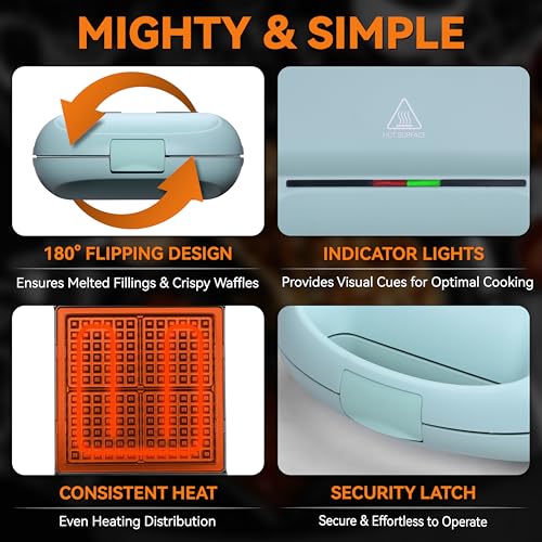Baker’s Friend Belgian Waffle Maker, Square Waffle Iron, Waflera Electrica, Non Stick Cooking Plate, Classic & Multi Waffle Makers, 4-Slice, Aqua - My Kitchen Products