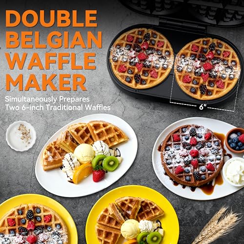 Baker’s Friend Double Belgian Waffle Maker Thick, 2 X 6” Round Waffle Maker, Belgium Waffle Iron, Waflera Electrica with Non-stick Plates, 1200W, Perfect for Kids & Family Breakfast, Graphite - My Kitchen Products